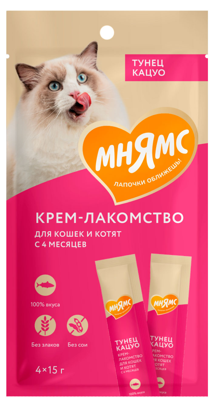 Мнямс | Крем-лакомство для кошек «Мнямс» с тунцом Кацуо, 4x15 г