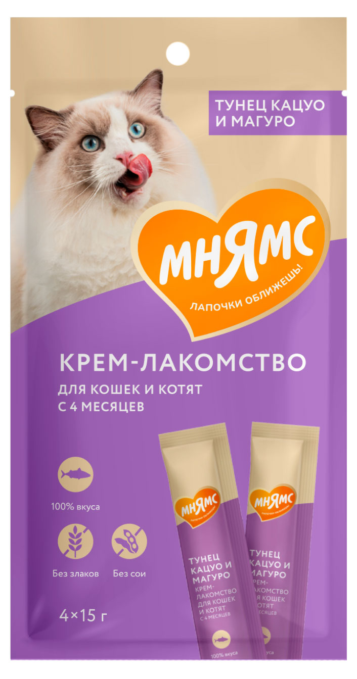 Мнямс | Крем-лакомство для кошек «Мнямс» с тунцом Кацуо и Магуро, 4x15 г