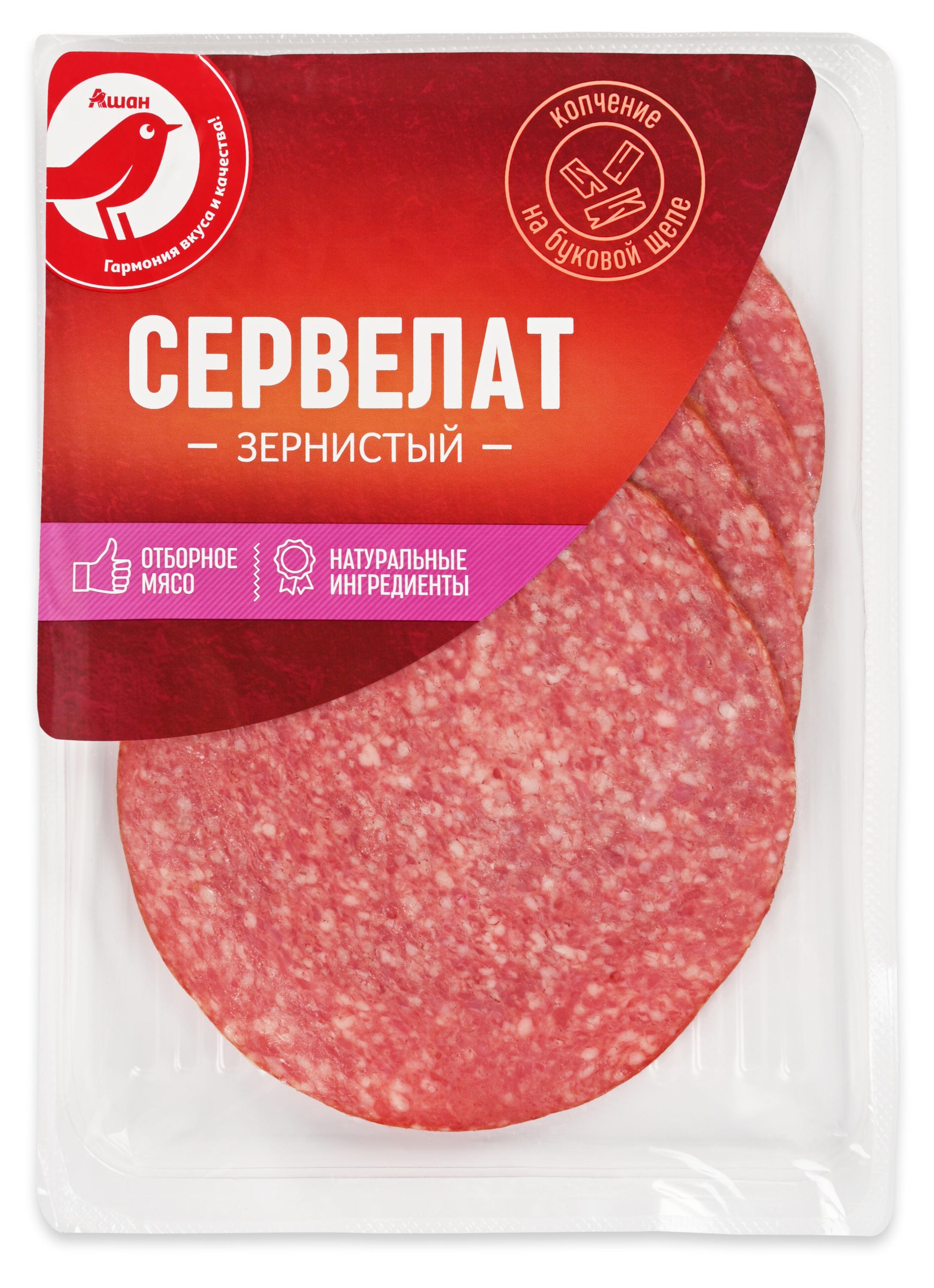 Изображение товара Варено-копченая колбаса АШАН Красная птица Сервелат зернистый 120 г