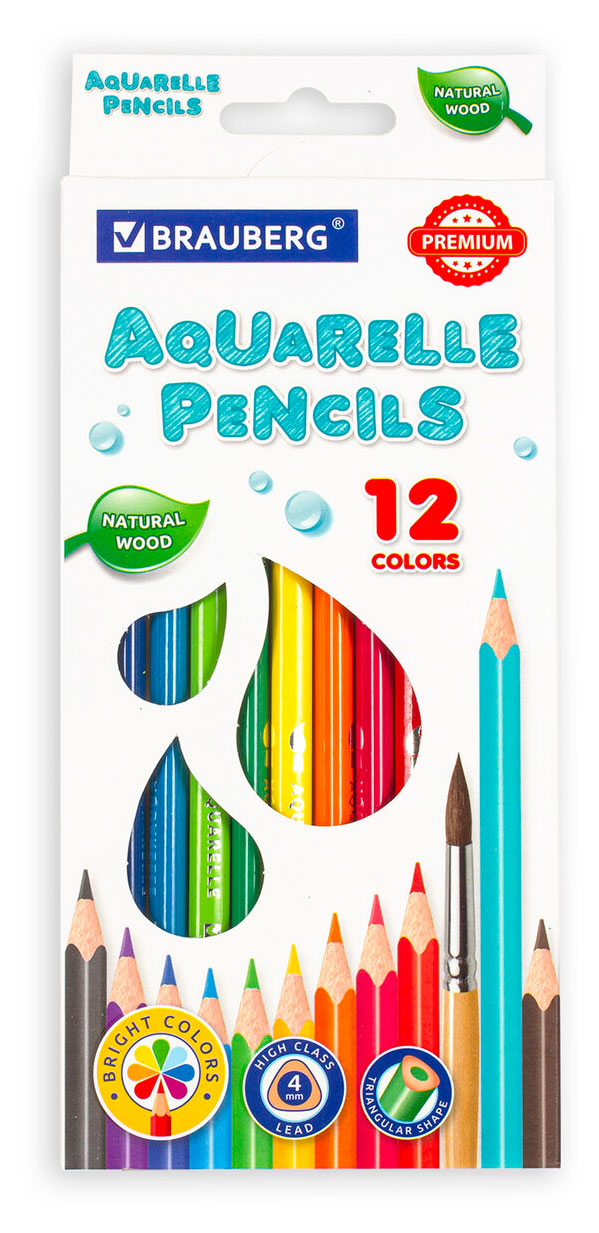 Изображение товара Цветные акварельные карандаши BRAUBERG Aquarelle, 12 цветов, мягкий грифель
