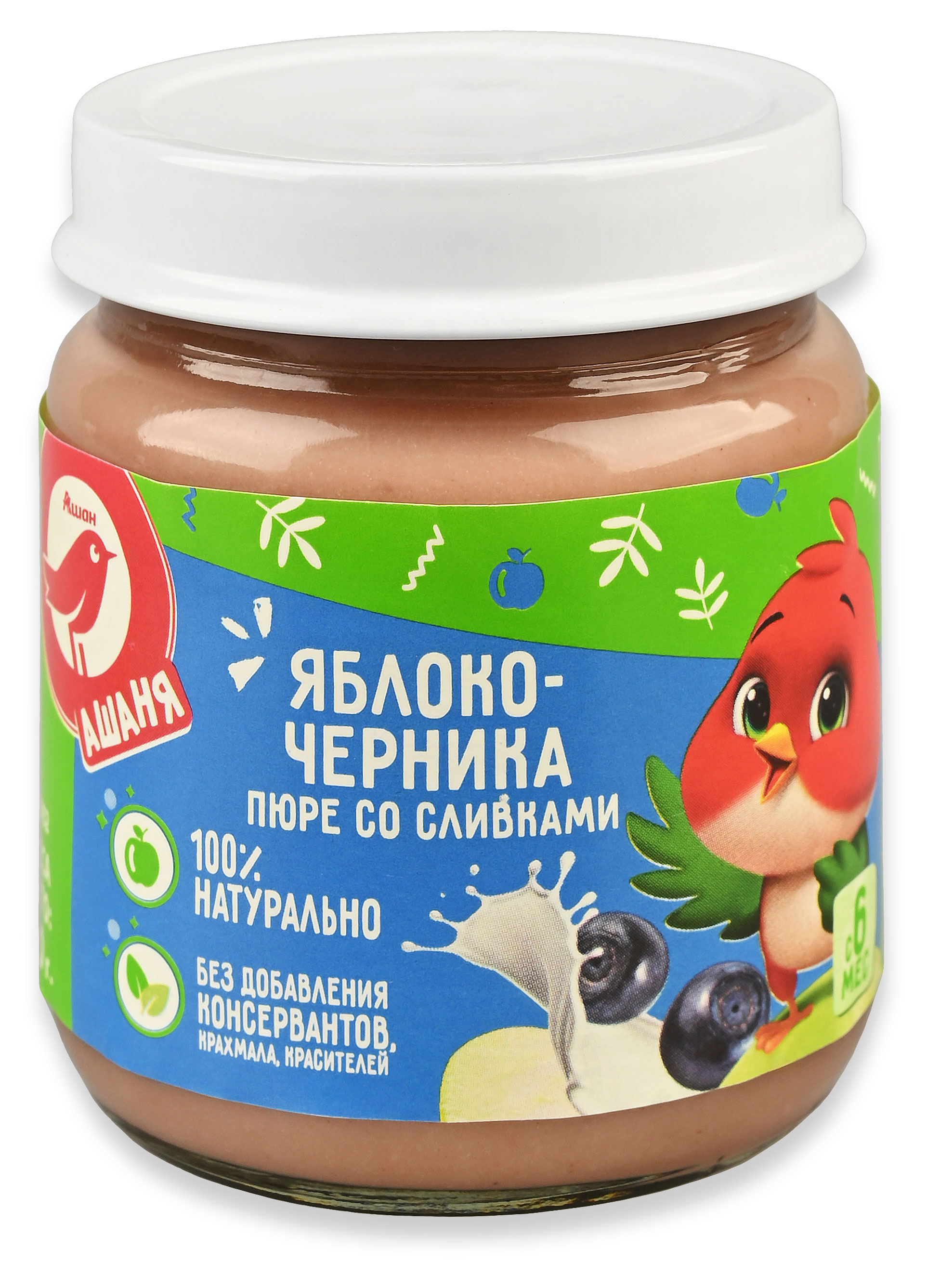 Пюре АШАН Красная птица Ашаня яблоко-черника со сливками Беларусь, 100 г
