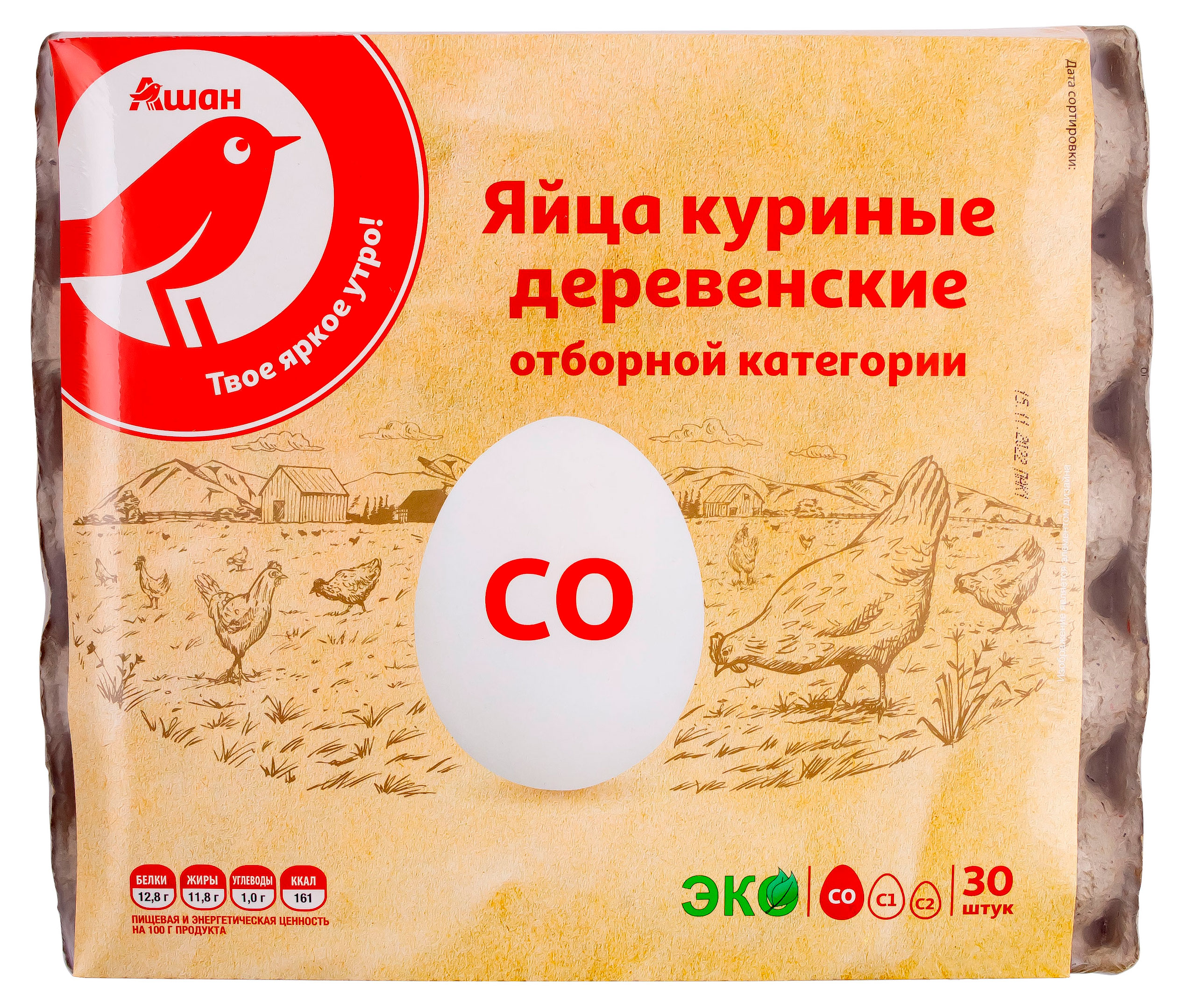 Изображение товара Яйца куриные АШАН Деревенское СО, белые, 30 шт