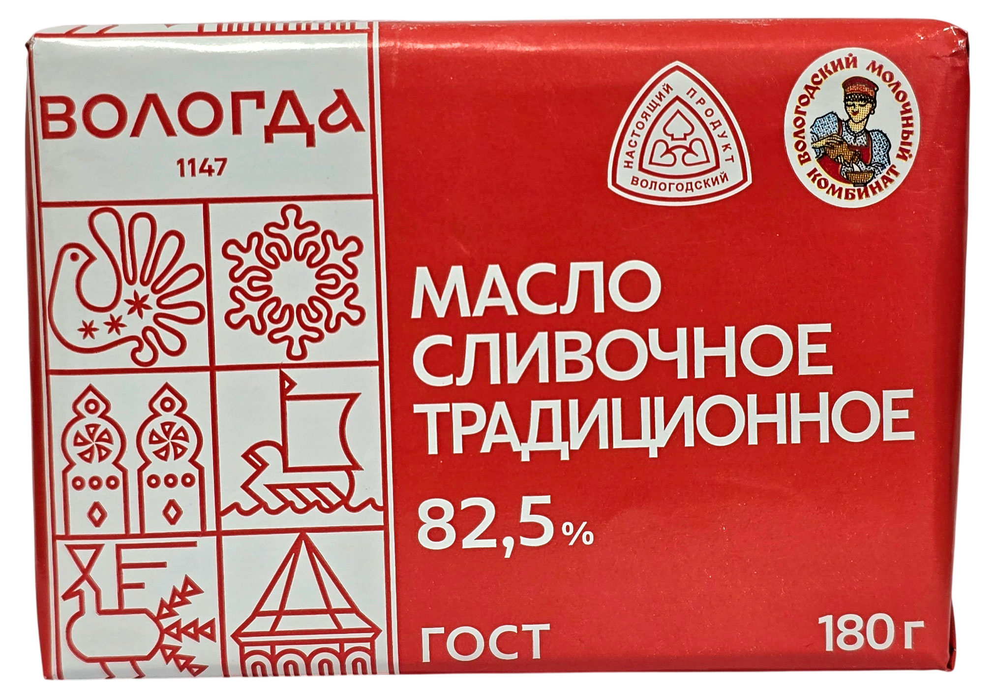 Изображение товара Масло сливочное «Вологодский молочный комбинат» Традиционное 82,5% ГОСТ БЗМЖ, 180 г