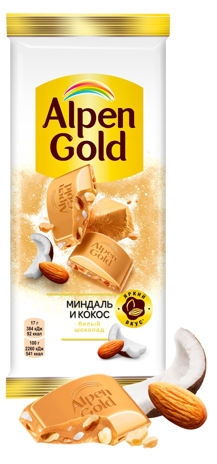 Изображение товара Шоколад белый Alpen Gold с миндалем и кокосовой стружкой, 80 г