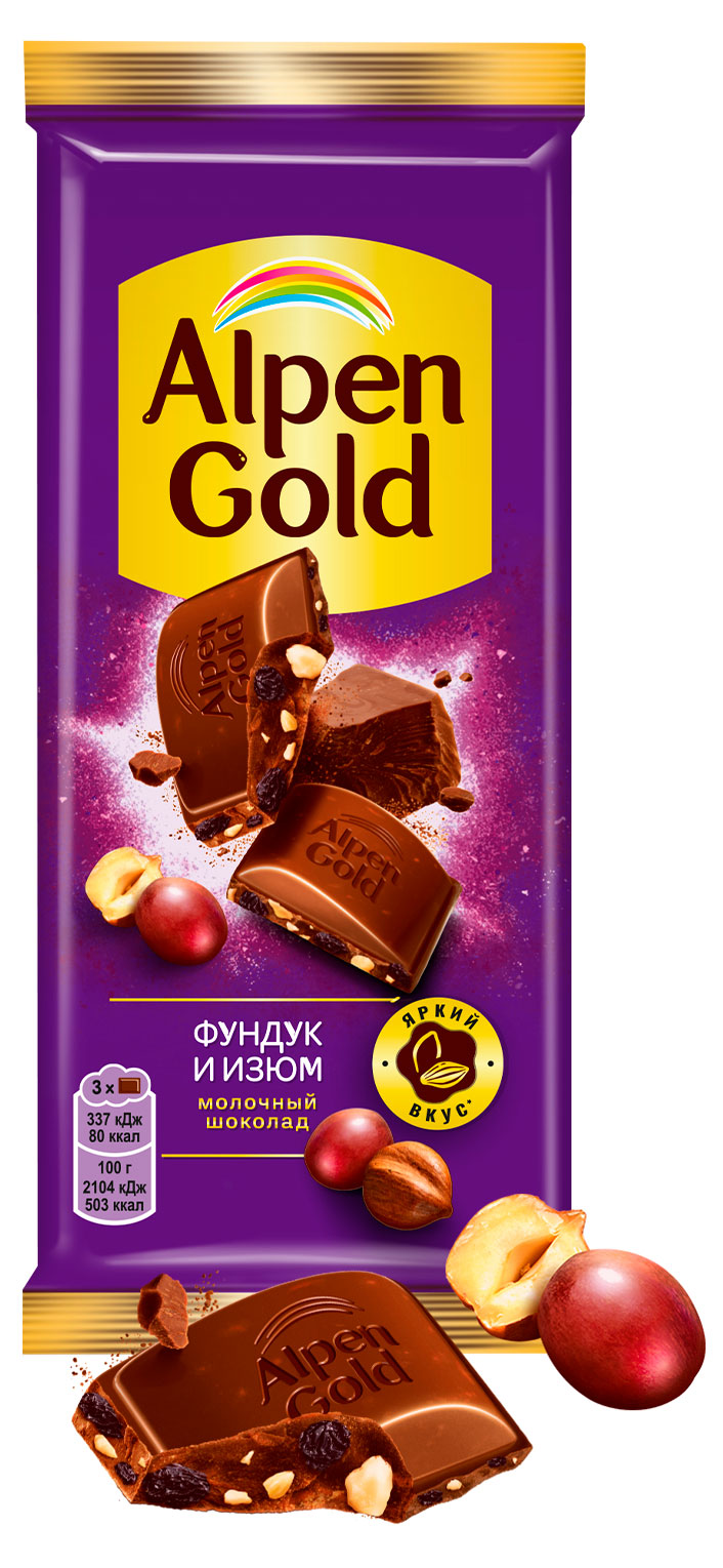 Изображение товара Шоколад молочный Alpen Gold с фундуком и изюмом, 80 г