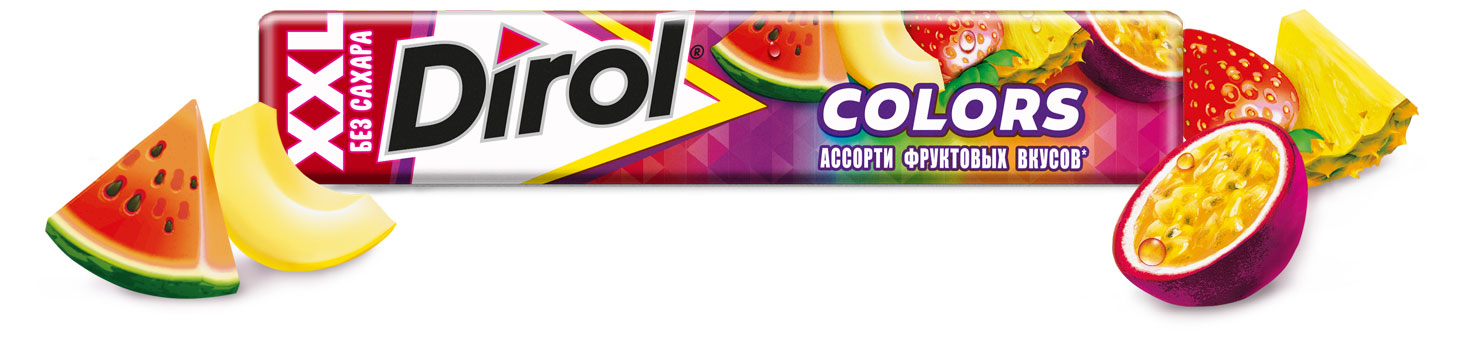 Изображение товара Резинка жевательная Dirol Colors XXL фруктовое ассорти без сахара, 19 г