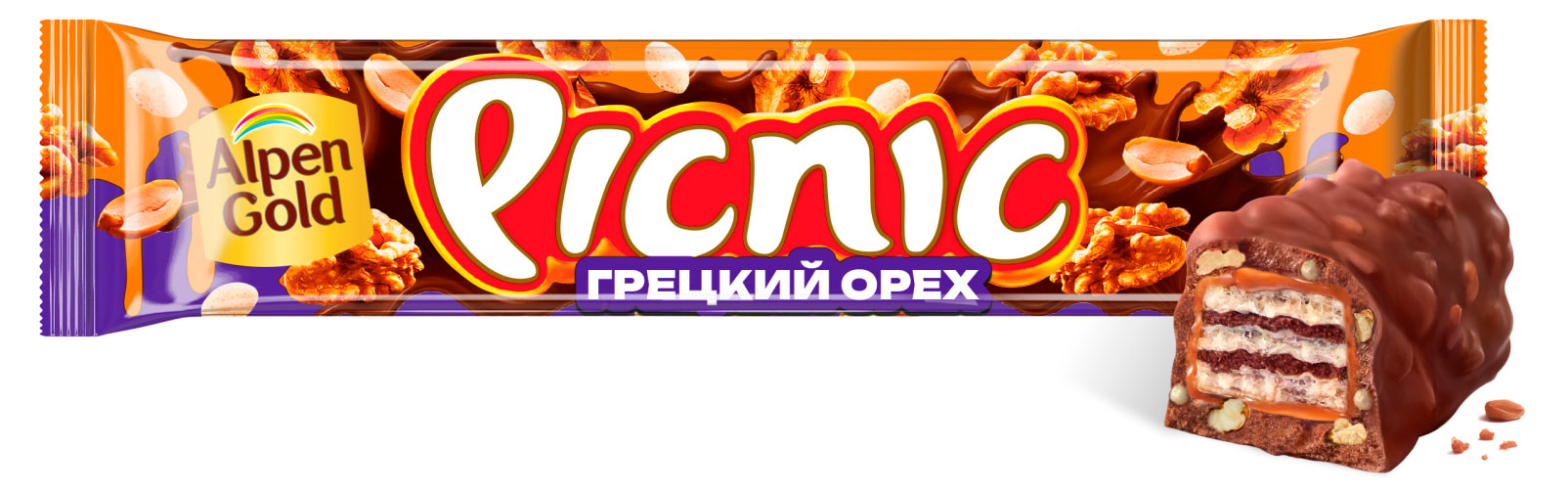 Изображение товара Шоколадный батончик Picnic c грецким орехом изюмом мягкой карамелью, 52 г