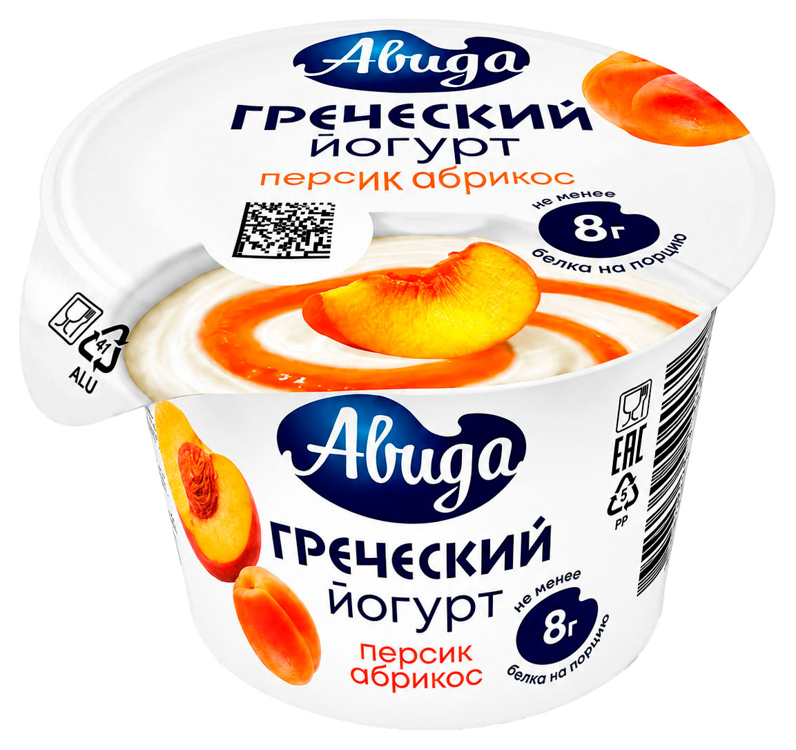 Изображение товара Йогурт густой ложковый греческий «Авида» персик-абрикос 1,5% БЗМЖ, 140 г