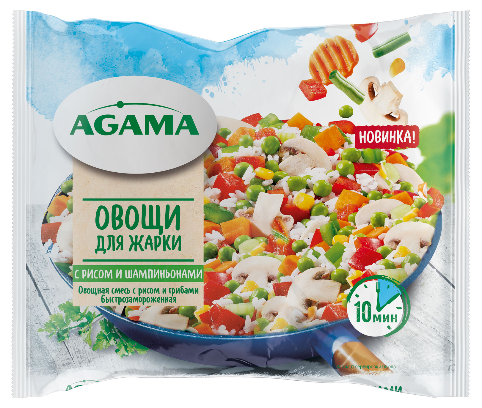 Изображение товара Замороженная овощная смесь Agama Зеленый горошек и грибы 0,4 кг (рис) вкус лук