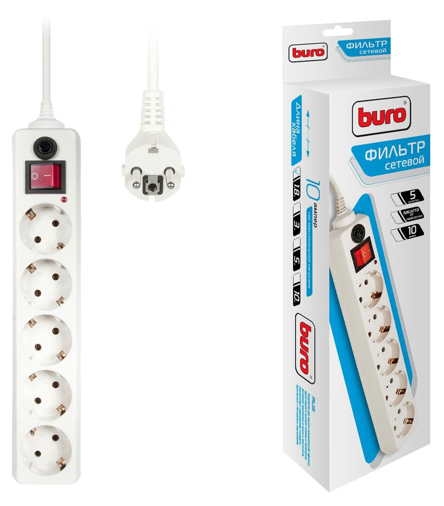 Изображение товара Фильтр сетевой BURO 500SH-1.8-W 5 розеток белый, 1,8 м
