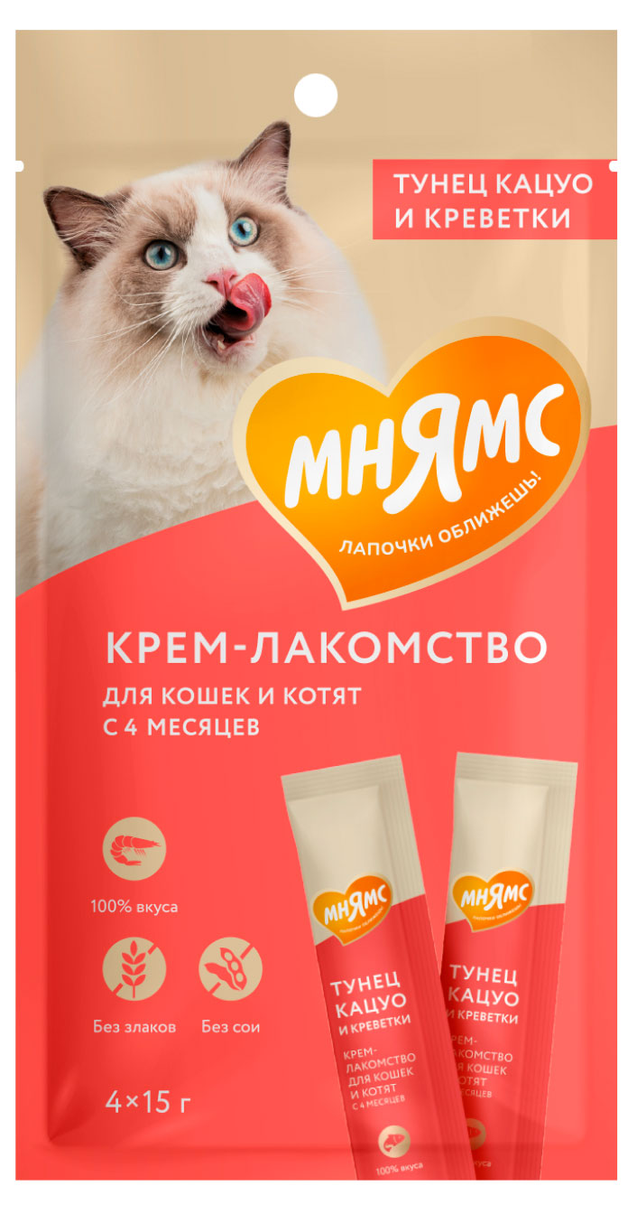 Изображение товара Крем-лакомство для кошек «Мнямс» с тунцом кацуо и креветками, 15 г х 4 шт