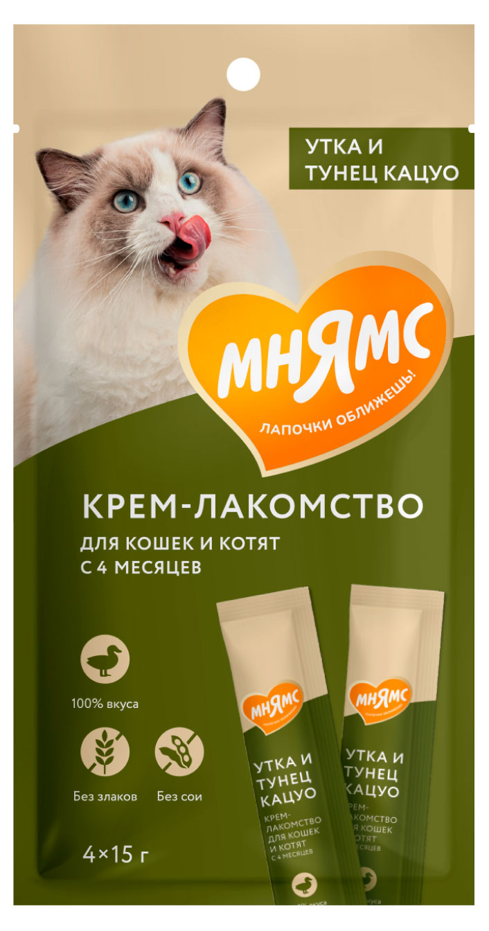 Изображение товара Крем-лакомство для кошек «Мнямс» с уткой и тунцом кацуо, 15 г х 4 шт