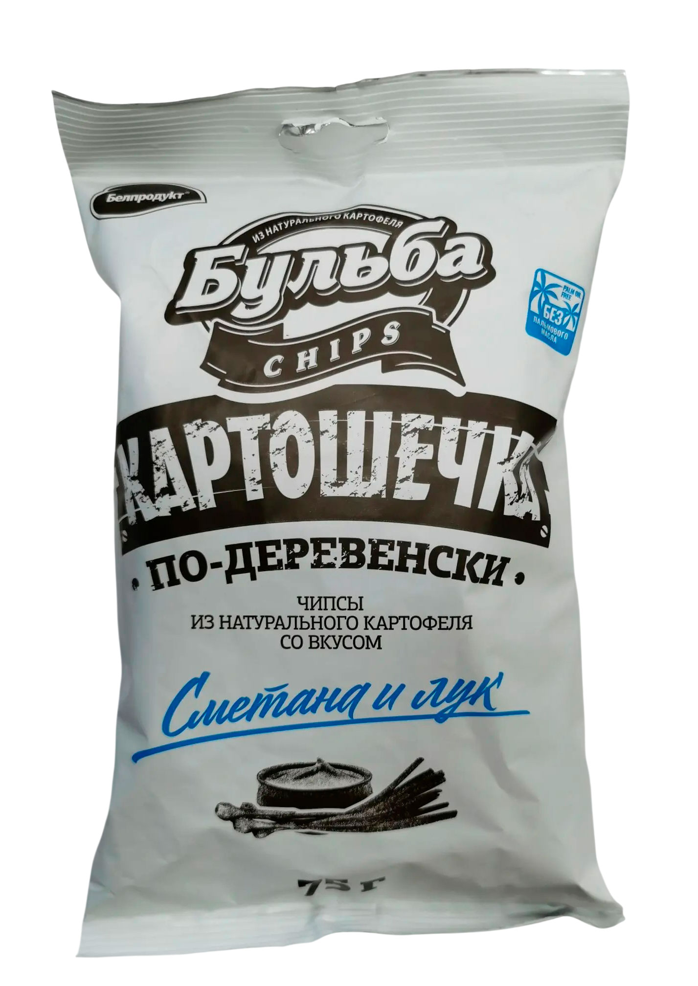Изображение товара Чипсы картофельные Бульба chips Картошечка по-деревенски со вкусом сметаны и лука Беларусь, 75 г