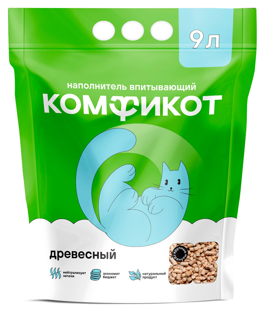 Изображение товара Наполнитель для кошачьего туалета «Комфикот» впитывающий древесный, 9 л