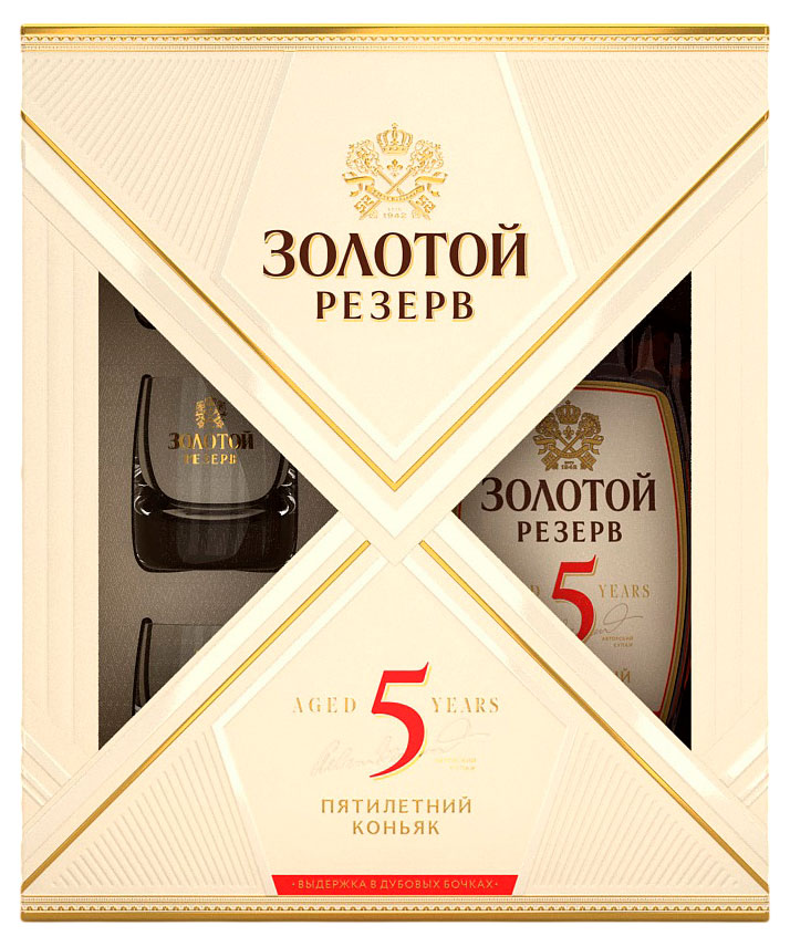 Изображение товара Коньяк «Золотой Резерв» выдержка 5 лет в подарочной упаковке с 3 стопками Россия, 0,5 л