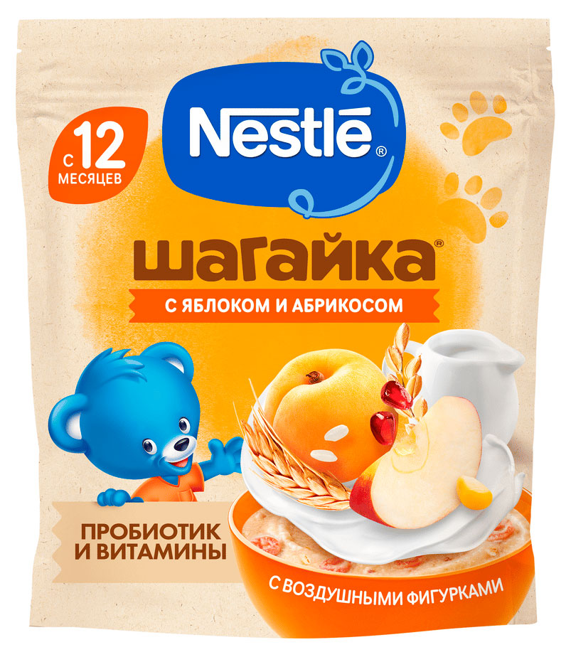 Изображение товара Каша молочная детская Nestle Шагайка мультизлаковая с фигурками из экструдированной пшеницы с гранатом с яблоком и кусочками абрикоса с 12 месяцев, 190 г