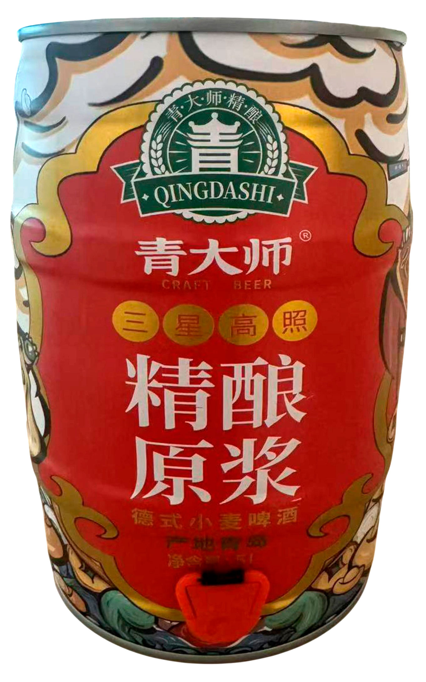 Изображение товара Пиво светлое Qing Da Shi Three Stars нефильтрованное Китай, 10 л