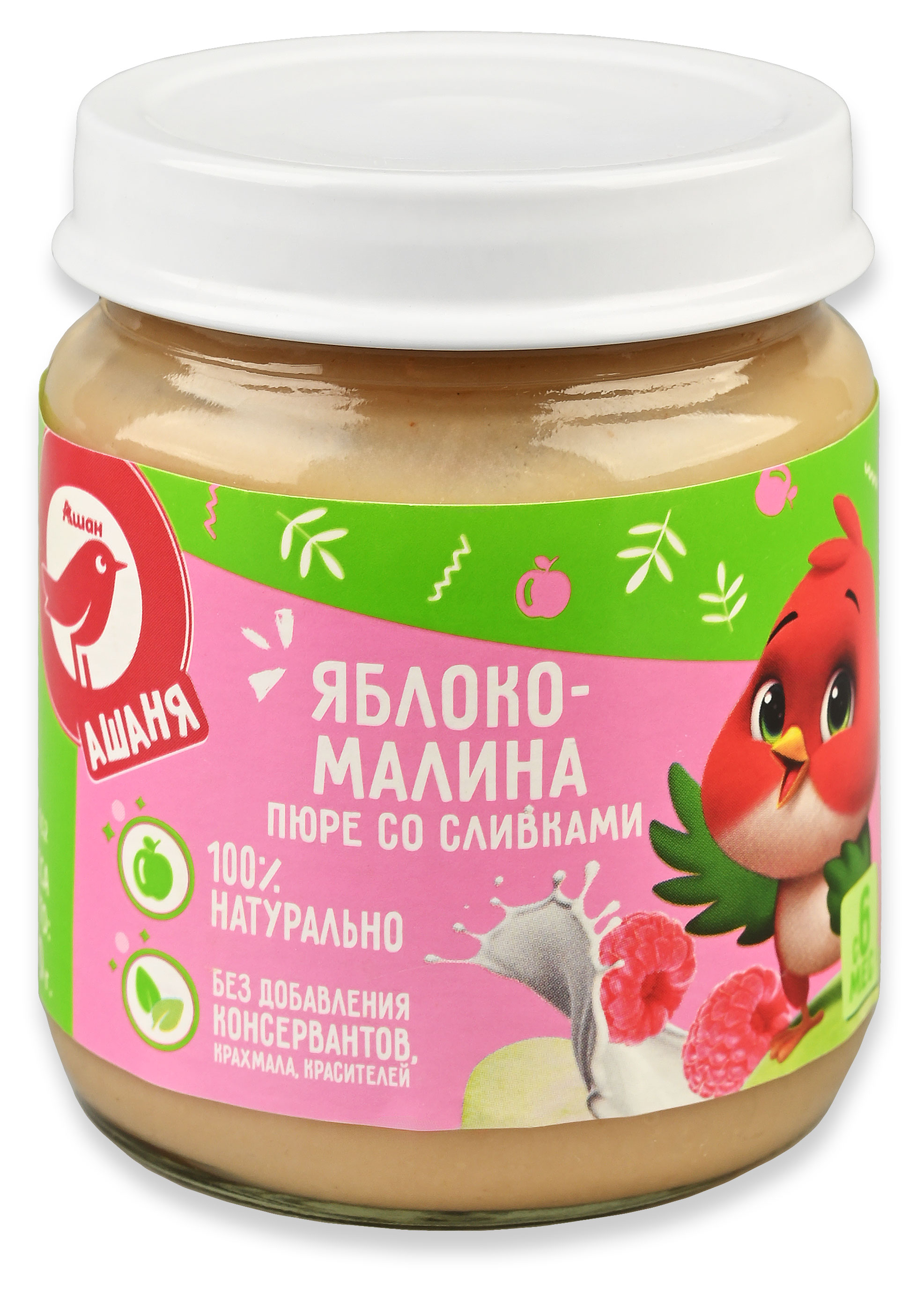Изображение товара Пюре АШАН Красная птица Ашаня яблоко малина со сливками Беларусь, 100 г