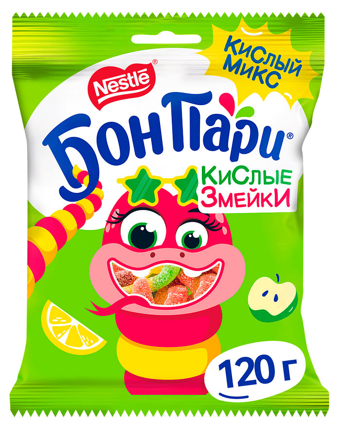 Изображение товара Мармелад Бон Пари Кислые змейки Жевательные 120 г