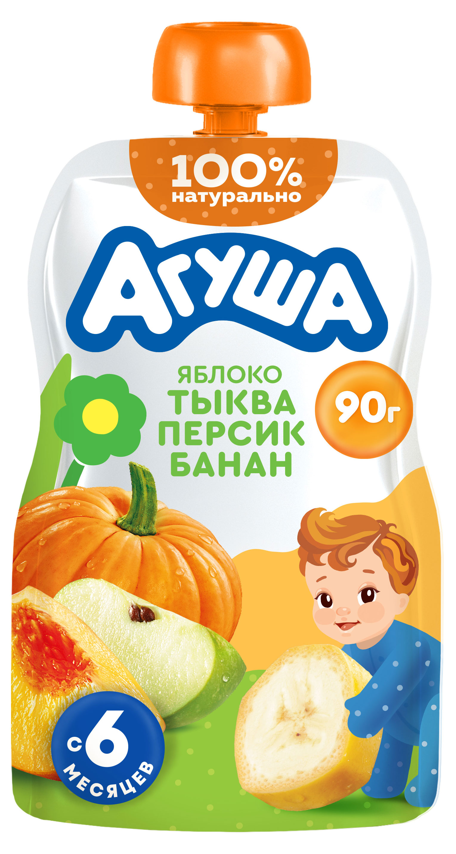 Изображение товара Пюре фруктово-овощное «Агуша» яблоко-тыква-персик-банан с 6 мес., 90 г