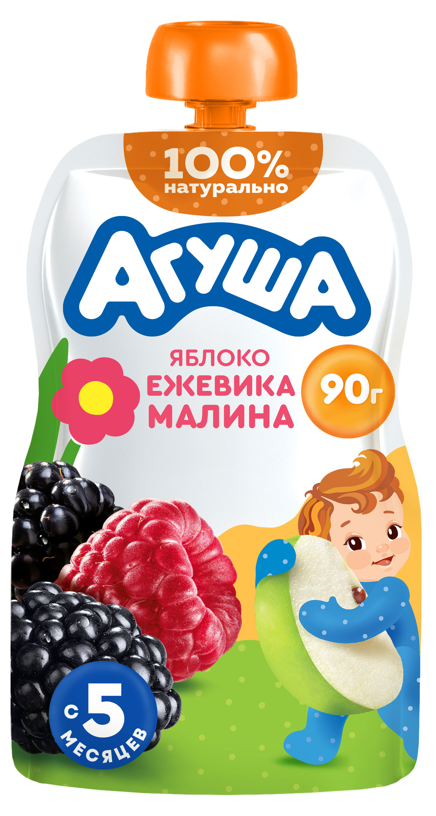 Изображение товара Детское фруктово-ягодное пюре Агуша яблоко-ежевика-малина, 90 г
