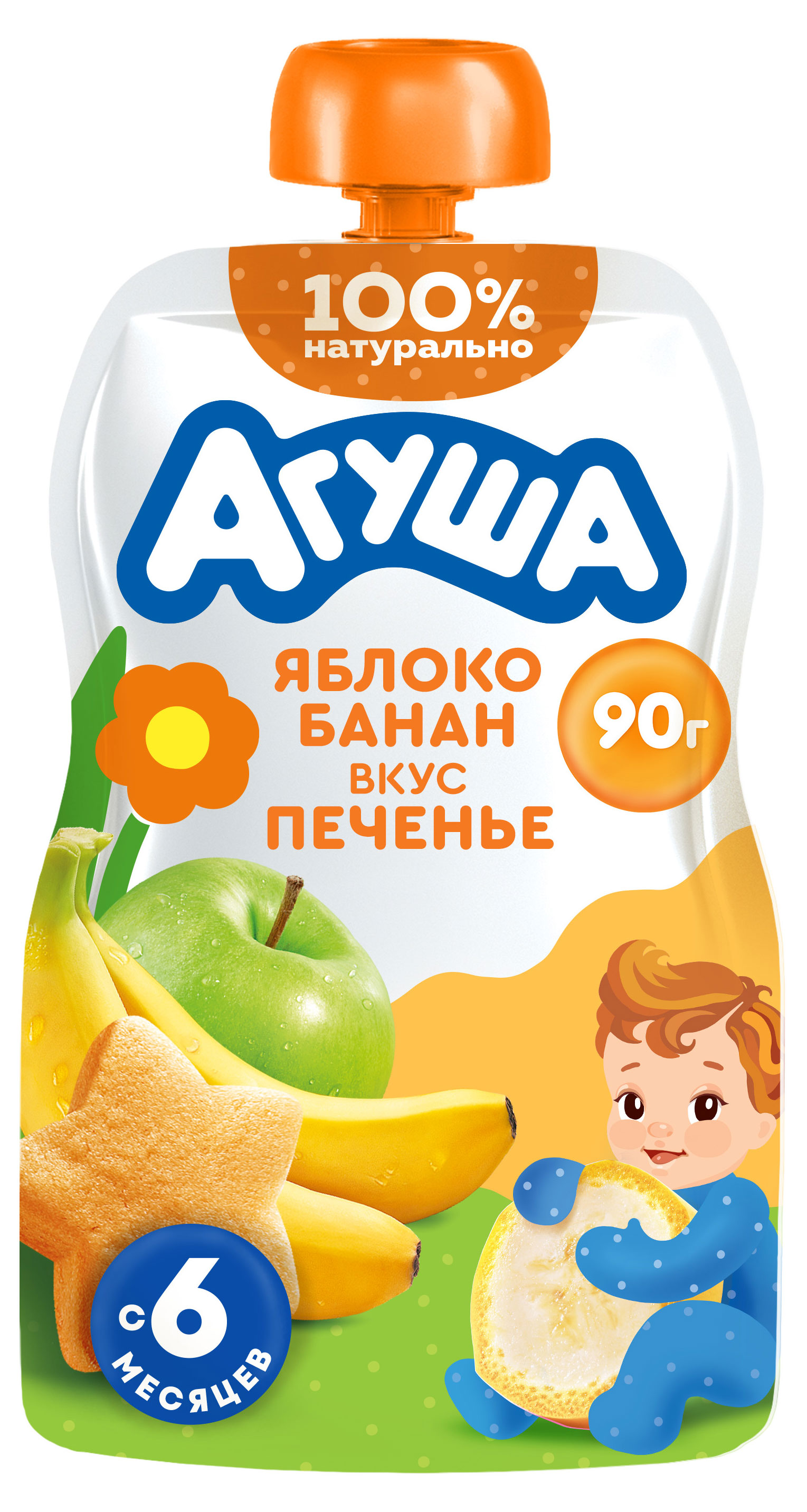 Изображение товара Детское фруктовое пюре Агуша Яблоко-банан-печенье 90 г для малышей с 6 месяцев