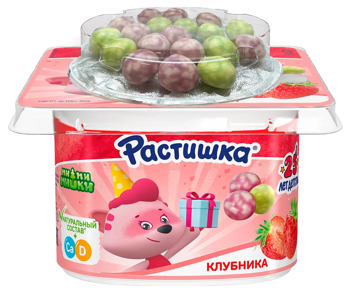 Изображение товара Йогурт густой детский «Растишка» с клубникой и злаковыми шариками 3% БЗМЖ, 117 г