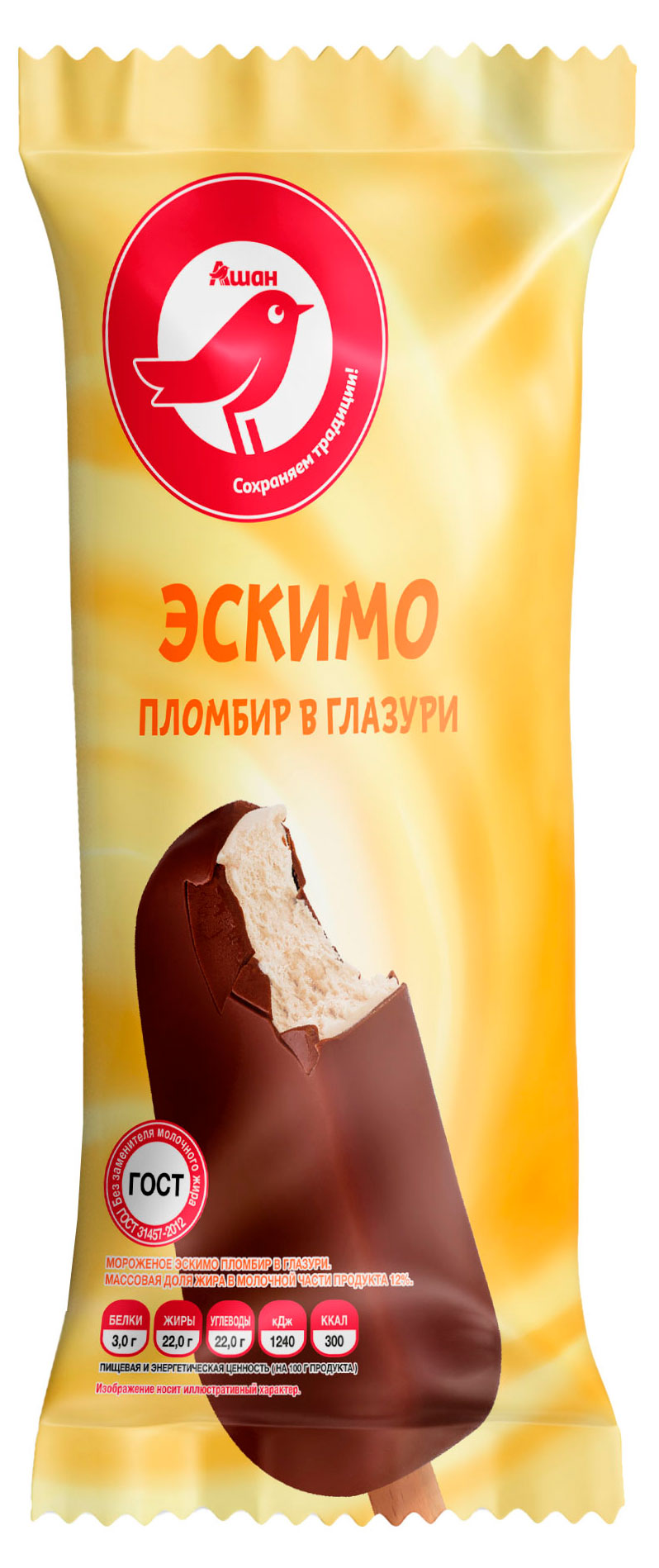 Изображение товара Мороженое пломбир АШАН Красная птица Эскимо в шоколадной глазури БЗМЖ, 70 г