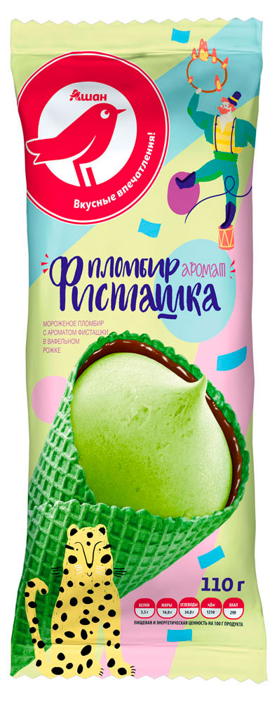 Изображение товара Мороженое АШАН Красная птица пломбир со вкусом фисташки рожок БЗМЖ, 110 г