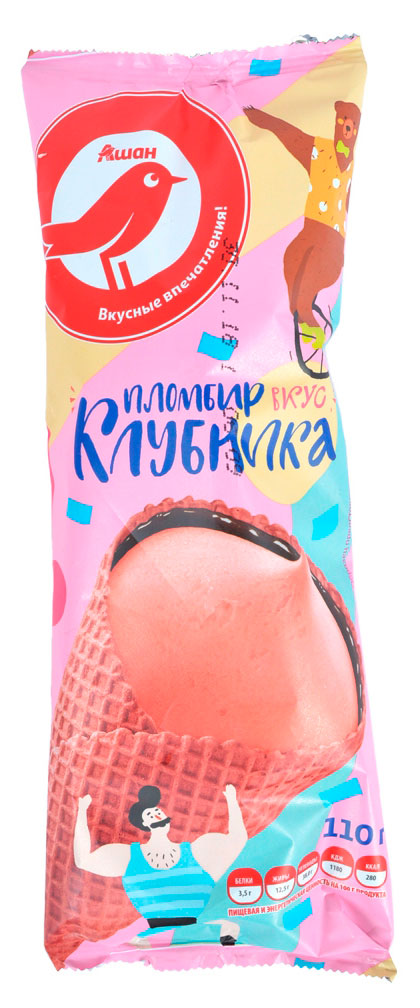 Изображение товара Мороженое АШАН Красная птица пломбир клубничный рожок БЗМЖ, 110 г