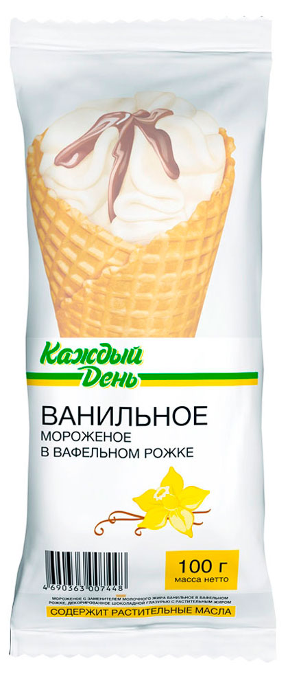 Изображение товара Мороженое молочное «Каждый день» ванильное в вафельном рожке БЗМЖ, 110 г