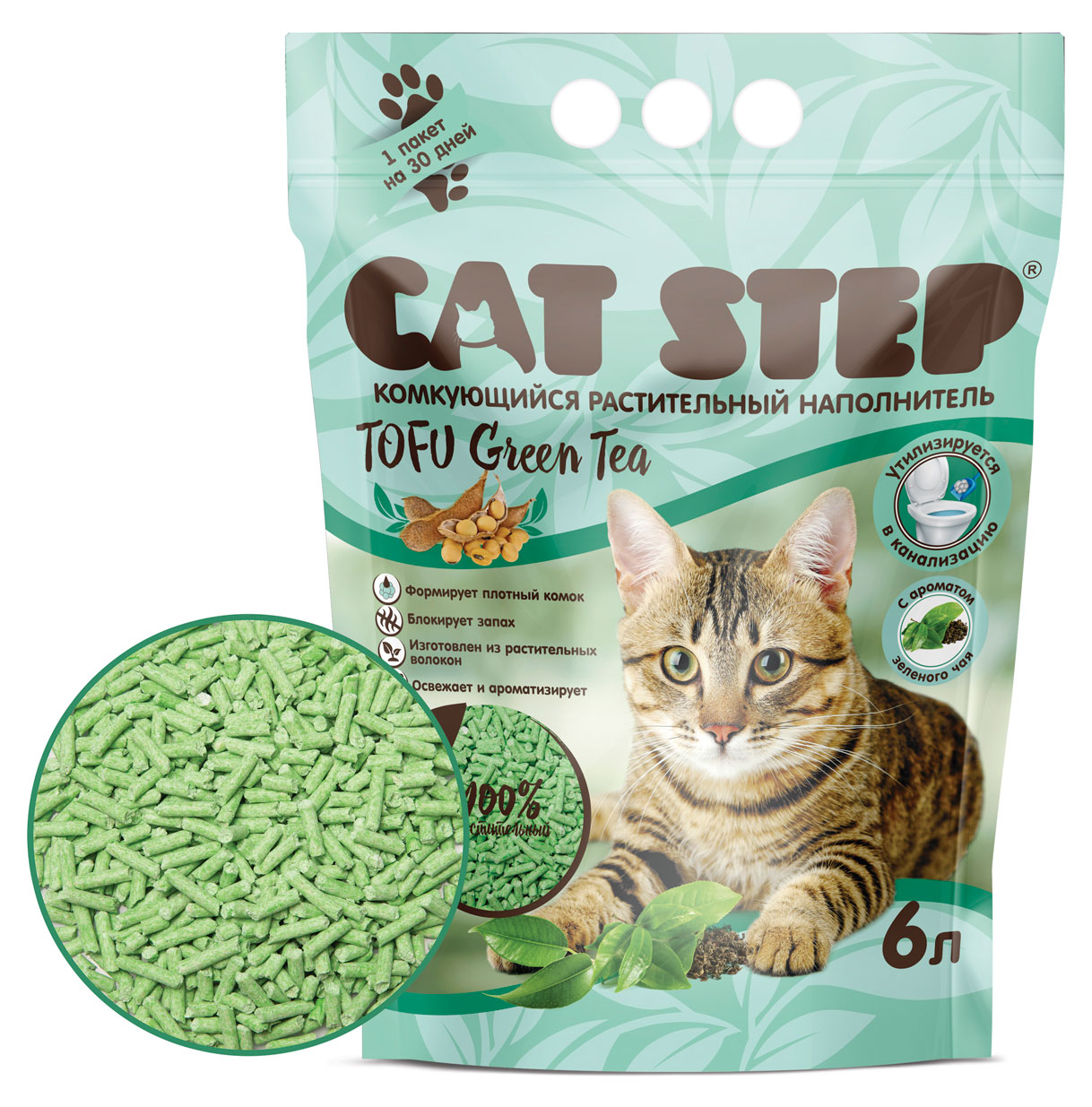 Изображение товара Наполнитель для кошачьего туалета Cat Step Tofu Green Tea комкующийся растительный, 6 л