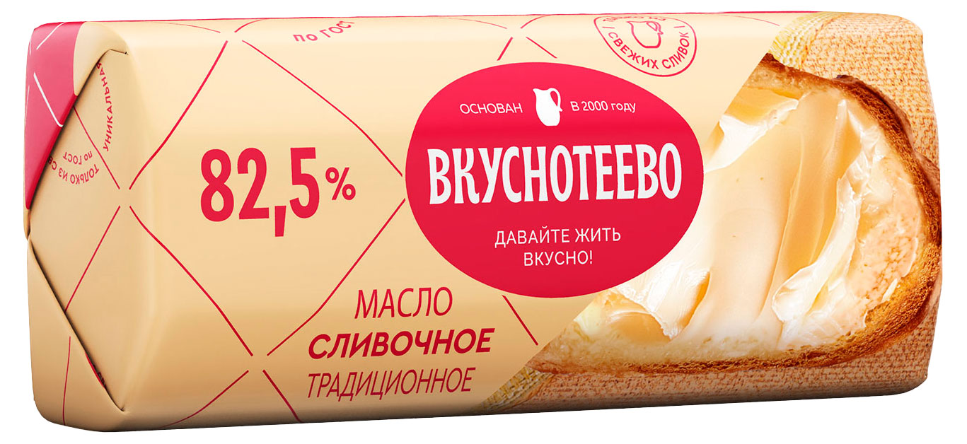 Изображение товара Масло сливочное «Вкуснотеево» Традиционное брикет 82,5% ГОСТ БЗМЖ, 340 г