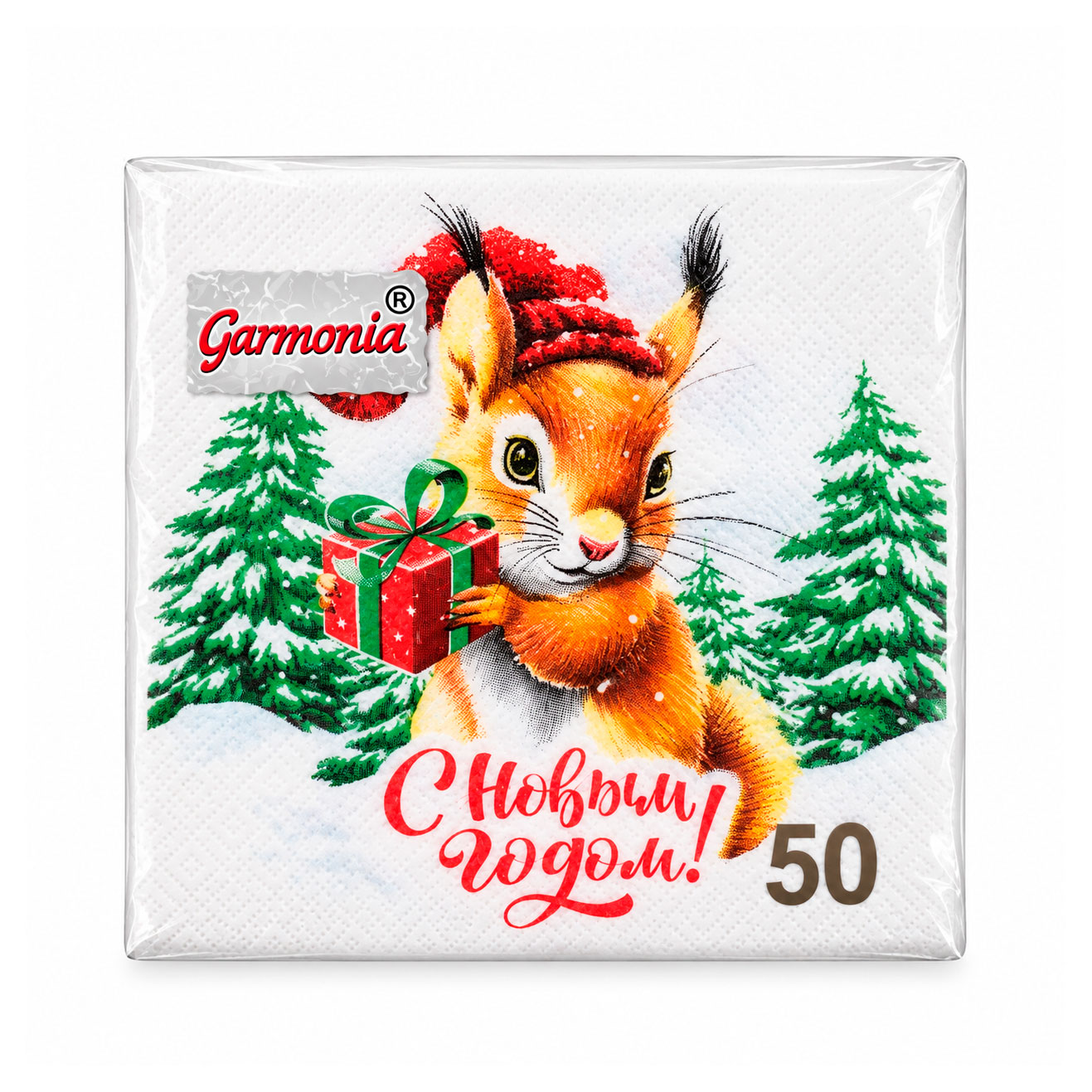 Изображение товара Салфетки бумажные одноразовые Garmonia Белочка однослойные 24х24 см, 50 л