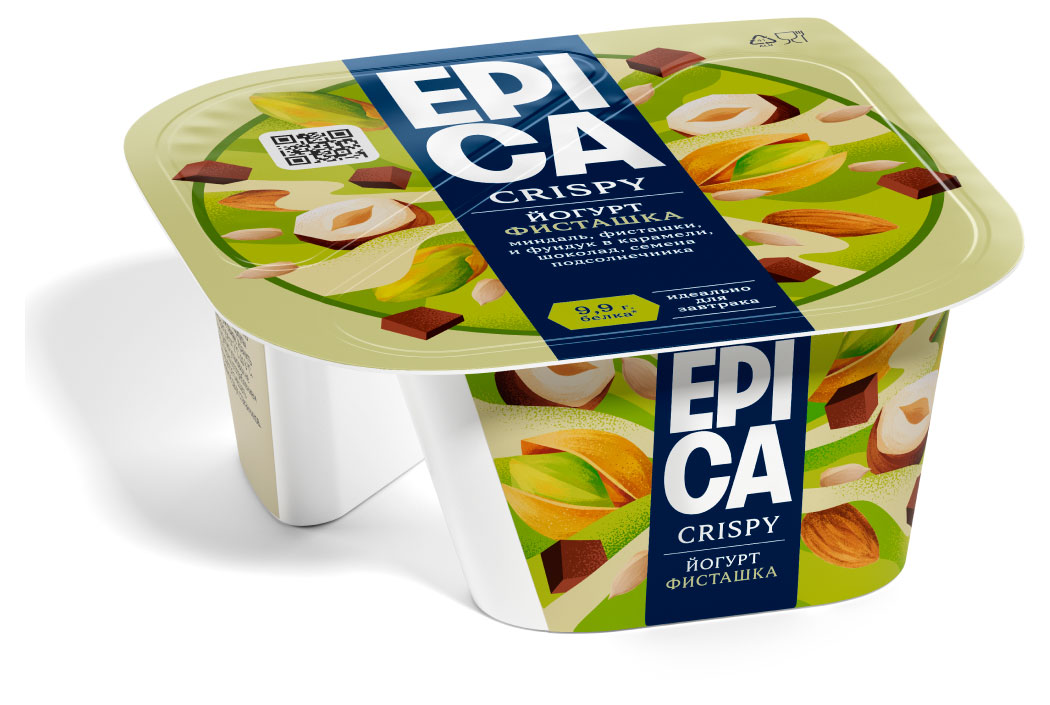 Изображение товара Йогурт густой ложковый EPICA Crispy с фисташками семенами подсолнечника темным шоколадом 10,5%, 140 г