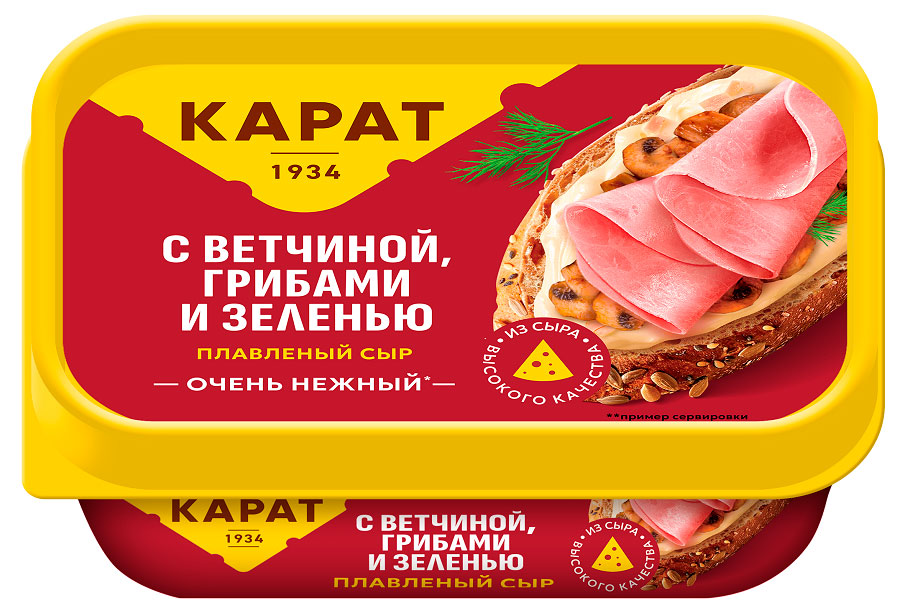 Изображение товара Сыр плавленый «КАРАТ» с ветчиной грибами и зеленью 37% БЗМЖ, 180 г