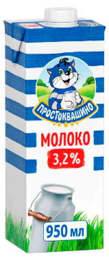 Изображение товара Молоко «Простоквашино» ультрапастеризованное БЗМЖ 3,2%, 950 г