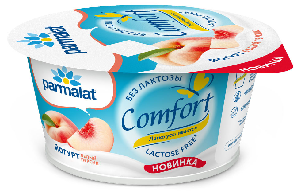 Изображение товара Йогурт густой ложковый Parmalat Comfort со вкусом белого персика безлактозный 3% БЗМЖ охлажденный, 130 г