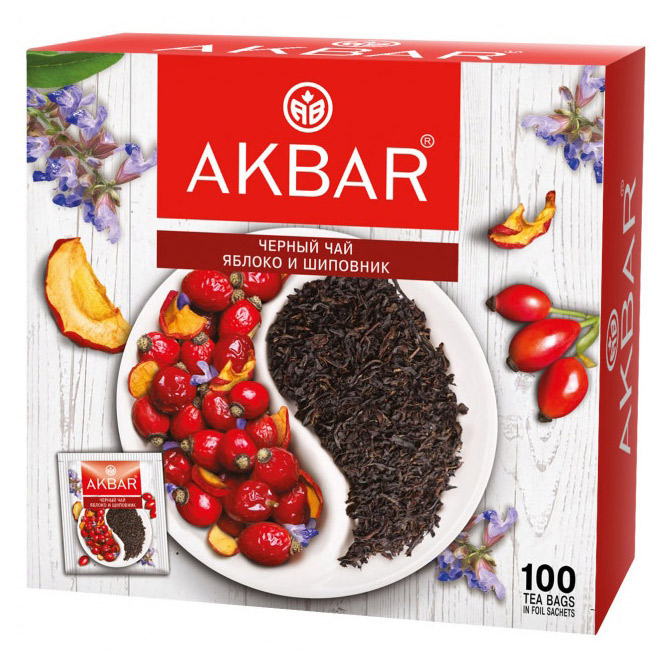 Изображение товара Чай черный AKBAR яблоко и шиповник, 100 х1,5 г