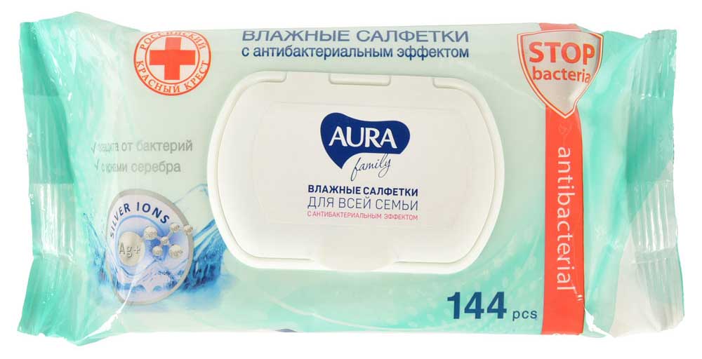 Изображение товара Влажные салфетки Aura big-pack антибактериальные дезинфицирующие с крышкой, 144 шт