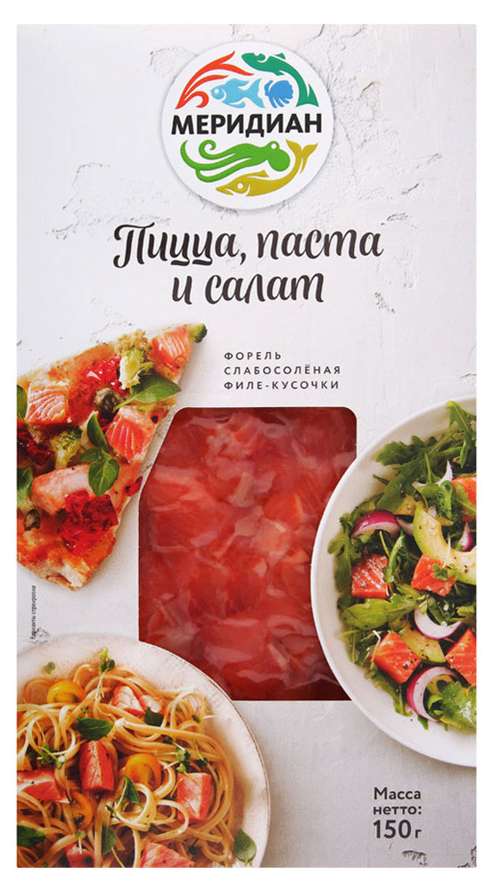 

Форель Меридиан Пицца паста и салат слабосоленая филе-кусочки, 150 г