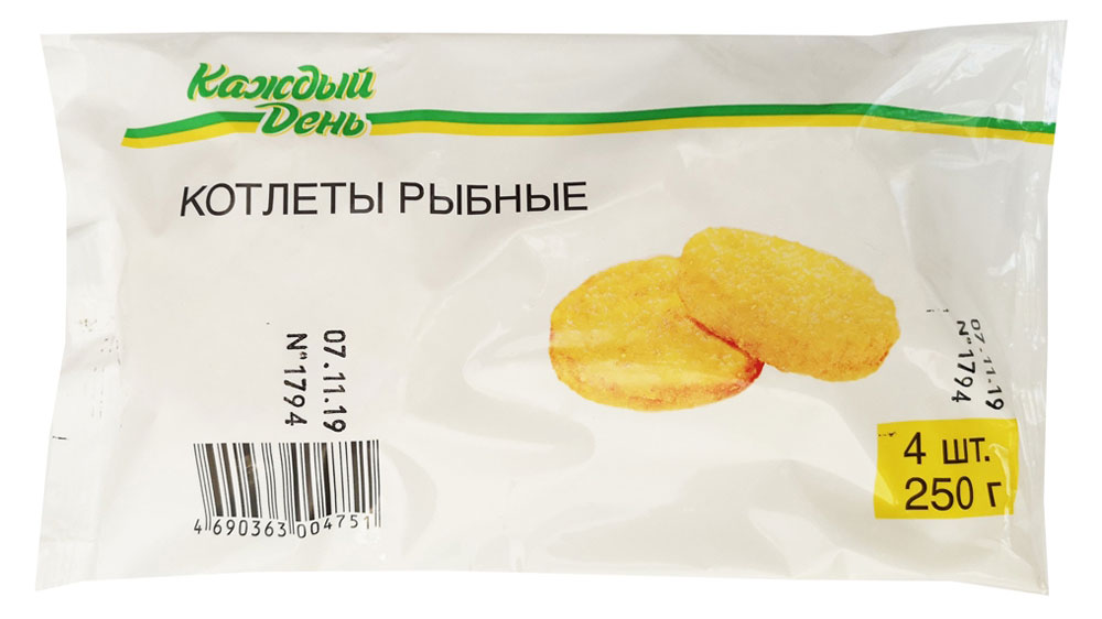 

Рыбные котлеты Каждый день 4 шт, 250 г