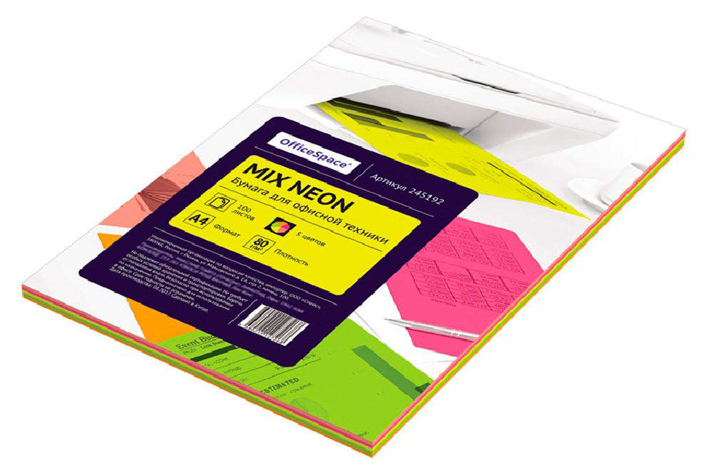 

Бумага цветная OfficeSpace Neon mix 5 цветов А4, 100 л