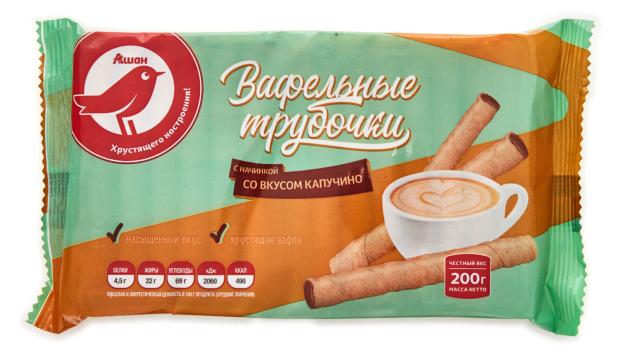 цена Вафельные трубочки АШАН Красная птица со вкусом капучино, 200 г