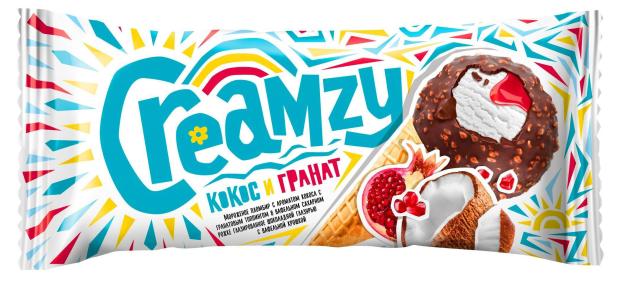 Мороженое пломбир Creamzy с ароматом кокоса с гранатовым топпингом в глазури в сахарном рожке БЗМЖ, 70 г