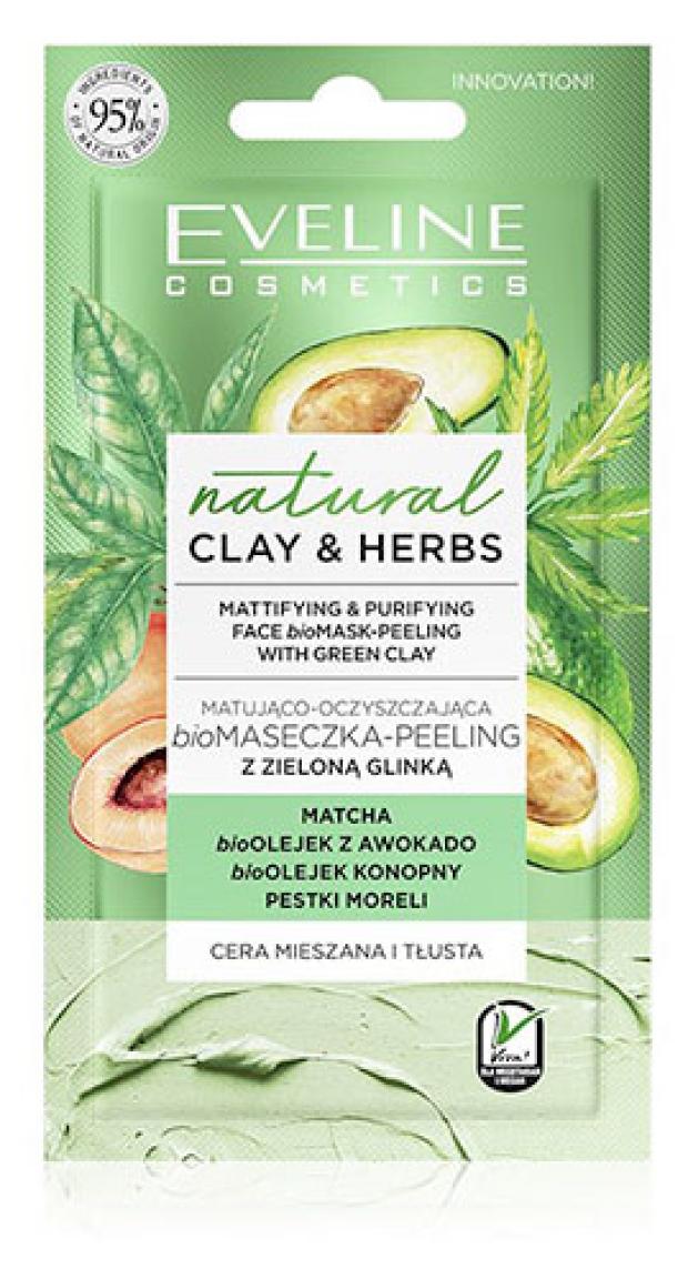 Маска-пилинг для лица Eveline Cosmetics Natural clay & herbs Зеленая глина матирующе-очищающая, 8 мл