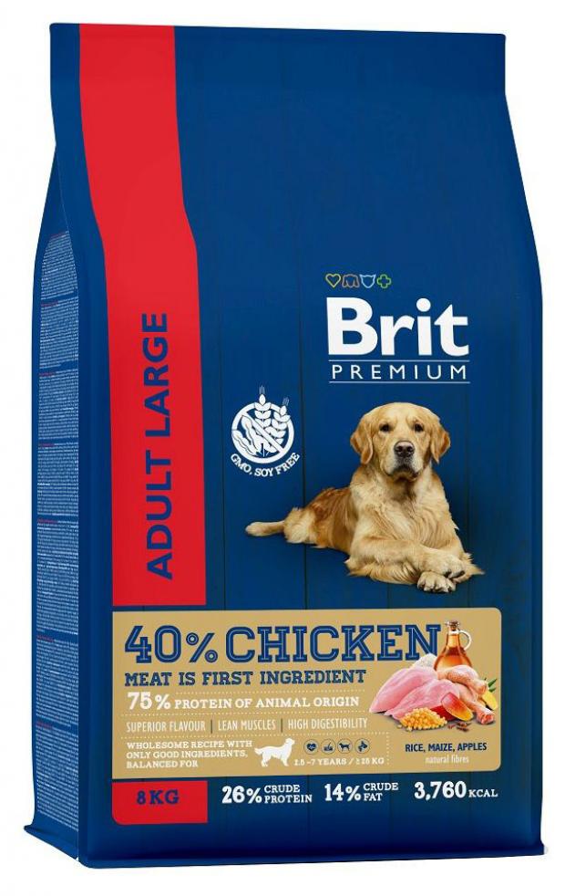 Сухой корм для собак крупных пород Brit Premium Adult L курица, 8 кг сухой корм для собак purina one с курицей и рисом 3 8 кг