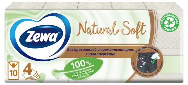 Платочки бумажные носовыеZewa Natural Soft, 4 слоя, 9х10 шт