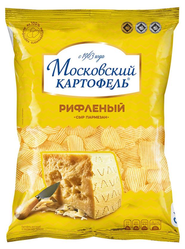 чипсы московский картофель хрустящие со вкусом сыра 225 г Чипсы картофельные Московский картофель рифленые со вкусом сыра пармезан, 150 г