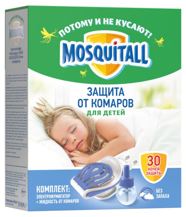 Комплект средств от комаров детский Mosquitall Нежная защита электрофумигатор и жидкость 30 ночей, 30 мл жидкость 30 ночей mosquitall профессиональная защита от комаров 30 мл